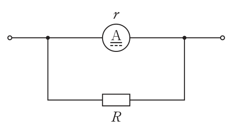 内部抵抗rの電流計Aと，抵抗Rの分流器を並列に接続した回路。