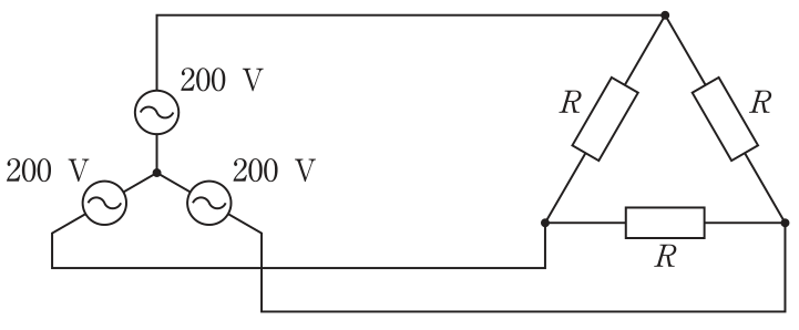 相電圧200VのY結線の三相電源から，抵抗Rを△結線した三相平衡負荷に電力を供給している回路。