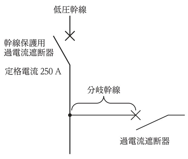 定格電流250Aの幹線保護用過電流遮断器の負荷側の低圧幹線から分岐幹線が分かれ,分岐幹線の先に過電流遮断器がある単線図。