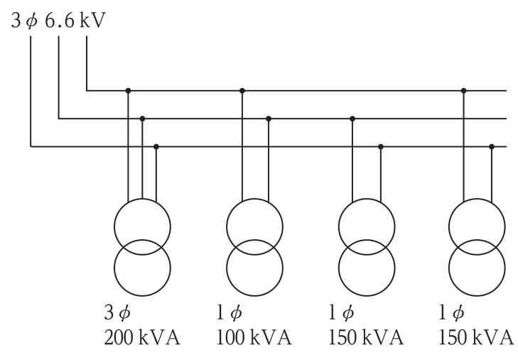 3φ6.6kVの3線に，三相200kVAの変圧器，単相100kVA，単相150kVA，単相150kVAの変圧器が接続されている。単相変圧器はそれぞれ異なる2線の組合せ（各線間に1台ずつ）に接続されている。