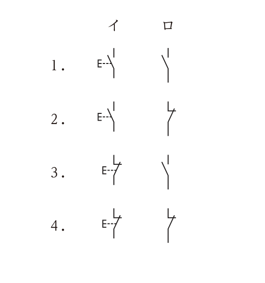 選択肢の図記号。1:イ=手動操作のメーク接点,ロ=メーク接点。2:イ=手動操作のメーク接点,ロ=ブレーク接点。3:イ=手動操作のブレーク接点,ロ=メーク接点。4:イ=手動操作のブレーク接点,ロ=ブレーク接点。