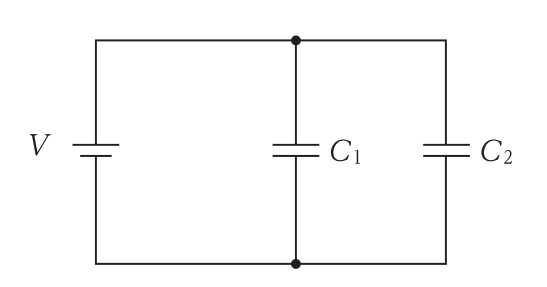 直流電源Vに，コンデンサC₁とC₂が並列に接続された回路図。