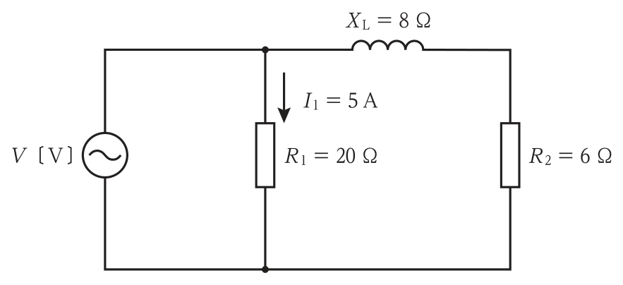 交流電源V［V］に，抵抗R₁＝20Ω（電流I₁＝5A）と，誘導性リアクタンスXL＝8Ωと抵抗R₂＝6Ωの直列回路とが並列に接続されている。