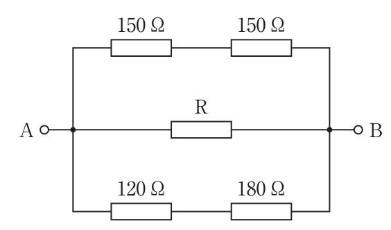 A-B間に3つの枝が並列に接続された回路。上の枝は150Ωと150Ωの直列,中の枝は抵抗R,下の枝は120Ωと180Ωの直列。