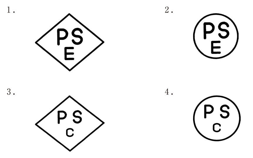 4つの記号。1はひし形の中にPSとEの文字。2は円の中にPSとEの文字。3はひし形の中にPSとcの文字。4は円の中にPSとcの文字。