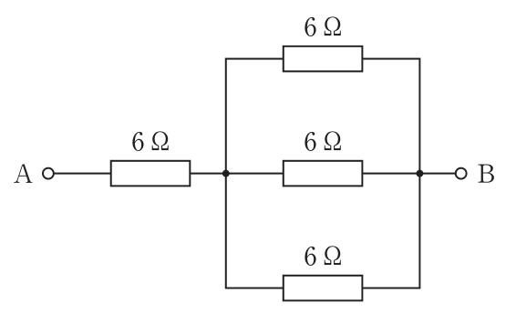 A側に6Ωの抵抗が直列に入り,その先に6Ωの抵抗3個が並列に接続されてBに至る回路。