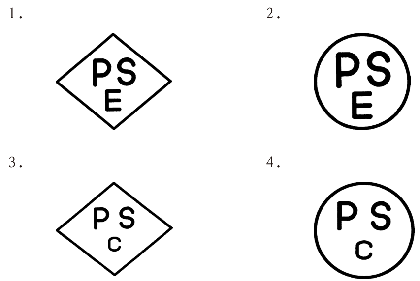 4つの記号。1はひし形の中にPSとEの文字。2は円の中にPSとEの文字。3はひし形の中にPSとcの文字。4は円の中にPSとcの文字。