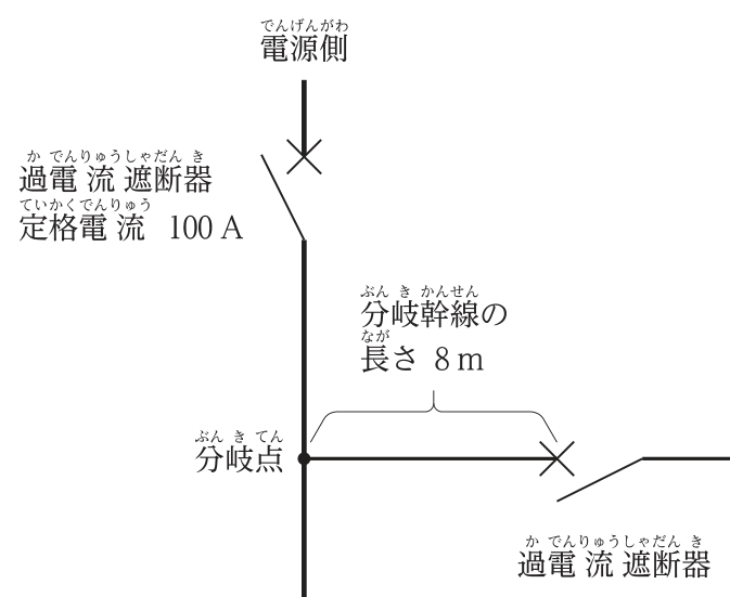 電源側から定格電流100Aの過電流遮断器を経た低圧屋内幹線があり,分岐点から長さ8mの分岐幹線の先に過電流遮断器が設けられている図。