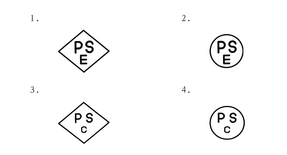 4つの記号。1:ひし形の中にPSE,2:円形の中にPSE,3:ひし形の中にPSC,4:円形の中にPSC。