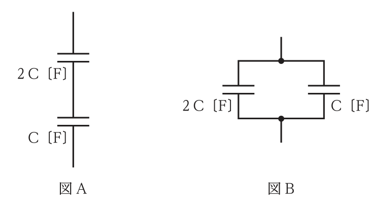 図A:静電容量 2C〔F〕と C〔F〕のコンデンサを直列に接続した回路。図B:静電容量 2C〔F〕と C〔F〕のコンデンサを並列に接続した回路。