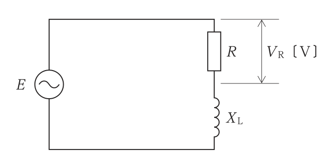 交流電源 E に抵抗 R と誘導性リアクタンス XL を直列に接続した回路。抵抗 R の両端の電圧を VR〔V〕とする。