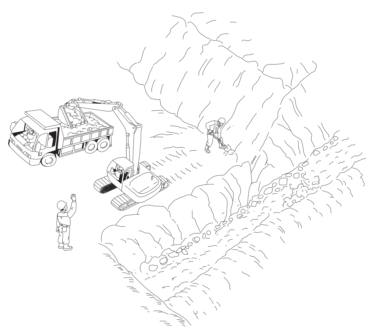 掘削・積込み作業の現場のイラスト。切り立った山の斜面のそばの作業場で，運転者が乗ったバックホウが，バケットの土砂をダンプトラックの荷台に積み込んでいる。ダンプトラックの運転席にも運転者がいる。バックホウの奥の斜面の下ではヘルメットをかぶった作業員がスコップで作業しており，手前では作業員が片手を挙げて合図をしている。右手には石や土砂の散らばった沢状の低地が続いている。