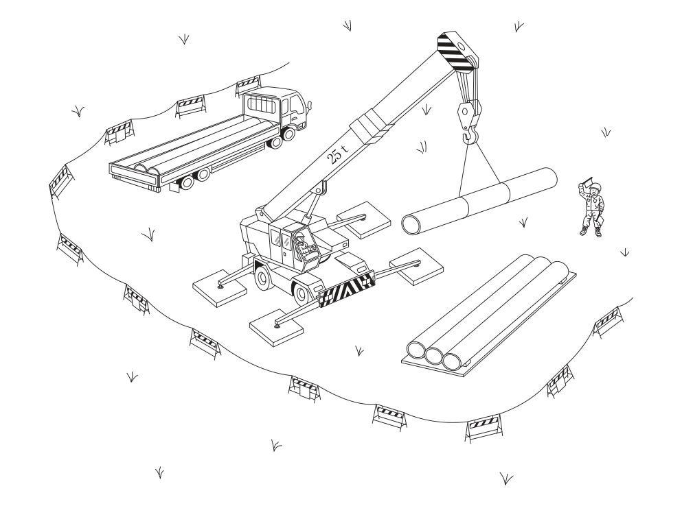 移動式クレーンで杭の荷卸し作業を行っている現場のイラスト。バリケードで囲われた作業場で,ブームに「25t」と表示されたホイール式の移動式クレーン(運転者が乗車)がアウトリガーを張り出し,各アウトリガーの下に敷板を敷いている。フックに掛けた2本のワイヤロープで鋼管杭1本をつり上げており,その右手で作業員が片手を挙げて合図をしている。奥には杭を積んだトラックが止まり,手前には荷卸しした鋼管杭3本が敷材の上に置かれている。