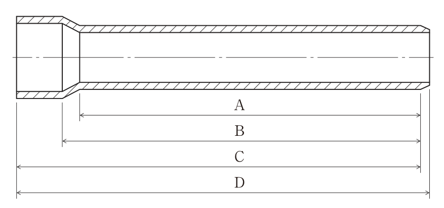 接着受口片受け直管の縦断面図（中心線は一点鎖線）。左端に内径が大きい受口部があり，その奥で管径がテーパ状にしぼられて直管部に続き，右端の差口は外面が面取りされている。管の下に4本の寸法線がある。A：テーパ部が終わり直管部が始まる位置から，右端の差口の面取りが始まる位置まで。B：受口奥（受口部が終わりテーパ部が始まる位置）から，差口の面取りが始まる位置まで。C：左端の受口端面から，差口の面取りが始まる位置まで。D：左端の受口端面から，右端の差口端面まで（管の全長）。