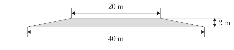 盛土の断面図。台形の盛土で,天端幅20m,底幅40m,高さ2m。地盤線の上に灰色で塗った台形の盛土があり,上辺に20m,下辺に40m,右側に高さ2mの寸法線が記されている。