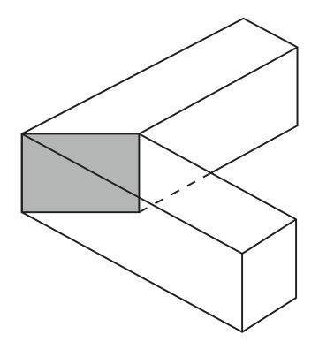 2本の角材を直角に組んでL字形にした接合部の立体図。2本の部材の端部が同じ高さで突き合わされ，接合面（灰色の部分）は2本の部材の角を斜めに二等分する面になっている。部材の端の木口は外に見えず，接合線が角から斜めに入る。