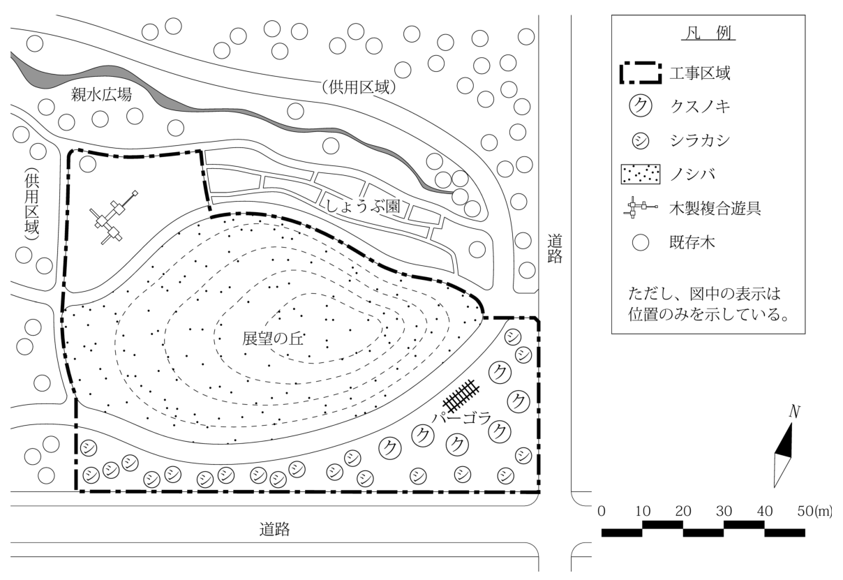〔図面〕公園の造園工事の平面図（縮尺バー0〜50m、方位記号のNは上を向く）。図の右に縦方向の道路、下に横方向の道路がある。図の上側と左側は供用区域で、上側に親水広場の細長い池と、区画に分かれたしょうぶ園がある。一点鎖線の工事区域は、左上の木製複合遊具を置く区域、中央の展望の丘（等高線の破線で示す小山で、全面がノシバ）、右下の植栽地を含む。クスノキ（ク）6本は右下の植栽地に弧状に並び、その近くにパーゴラ（別工事）がある。シラカシ（シ）は工事区域の下辺の道路沿いと右辺に沿って並ぶ。展望の丘の周りと遊具の区域の脇に園路（別工事）がある。工事区域の外には既存木（白丸）が多数ある。凡例：一点鎖線＝工事区域、ク＝クスノキ、シ＝シラカシ、点々＝ノシバ、遊具の記号＝木製複合遊具、白丸＝既存木。ただし、図中の表示は位置のみを示している。