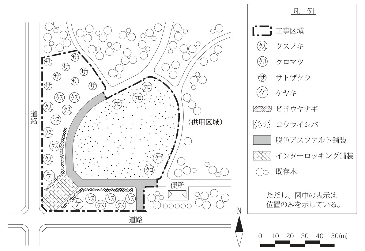 〔図面〕公園における造園工事の平面図（縮尺バー0〜50m、方位記号のNは上を向く）。図の左に縦方向の道路、下に横方向の道路があり、工事区域（一点鎖線）はその角に面する。工事区域の上側と右側は既存木（白丸）が並ぶ供用区域で、右下に便所がある（工事区域外）。工事区域の中央はコウライシバ（点々）の広い区域で、その中にクロマツ（クロ）5本（上部に3本、右下に2本）がある。コウライシバの区域の左側と下側を、脱色アスファルト舗装（灰色）の園路がL字形に囲み、下の道路へ通じる。左下の角（道路の交差部側）はインターロッキング舗装（斜め格子）の広場。園路の外側（左側の道路沿いと下側の道路沿い）は植栽地で、左上にサトザクラ（サ）8本、左側の道路沿いにクスノキ（クス）8本とケヤキ（ケ）1本、下側の道路沿いにクスノキ5本とケヤキ1本がある（クスノキは計13本、ケヤキは計2本）。園路沿いの植栽地の縁にビヨウヤナギ（細長い帯状の模様）が植えられる。凡例：一点鎖線＝工事区域、クス＝クスノキ、クロ＝クロマツ、サ＝サトザクラ、ケ＝ケヤキ、帯状の模様＝ビヨウヤナギ、点々＝コウライシバ、灰色＝脱色アスファルト舗装、斜め格子＝インターロッキング舗装、白丸＝既存木。ただし、図中の表示は位置のみを示している。