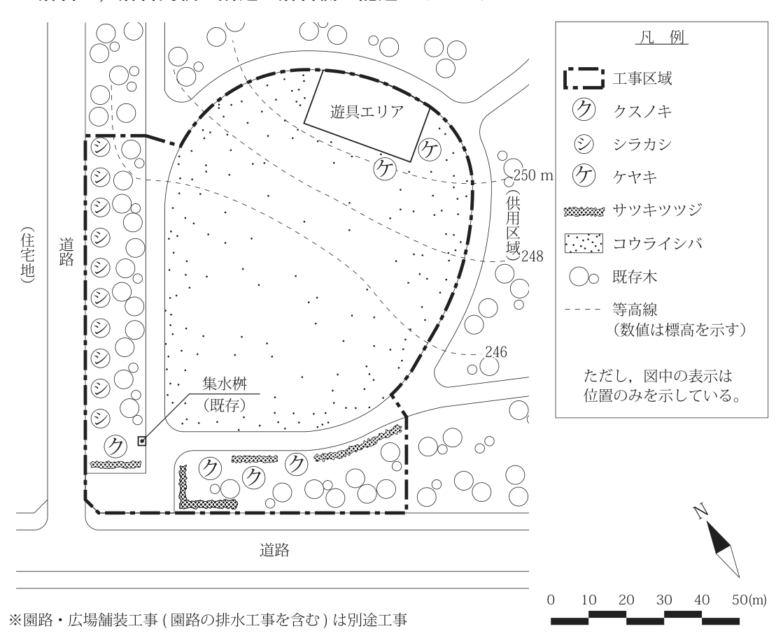 〔図面〕造園工事の平面図（縮尺バー0〜50m、方位記号のNは左上を向く）。図の左に縦方向の道路（その外側は住宅地）、下に横方向の道路があり、右側は供用区域。一点鎖線の工事区域は、左の道路沿いの帯状の植栽地、中央の園路に囲まれた大きな芝生地（コウライシバ）、下側の植栽地を含む。左の帯状の植栽地にシラカシ（シ）10本が一列に並び、その南端にクスノキ（ク）1本とサツキツツジの列植、そばに集水桝（既存）がある。下側の植栽地にクスノキ3本とサツキツツジの列植がある。芝生地の北端に遊具エリア（四角形）があり、その近くにケヤキ（ケ）2本がある。等高線（破線、数値は標高）は北から250m・248m・246mで、芝生地の北側は斜面、南側は平坦である。工事区域の外に既存木（白丸）がある。凡例：一点鎖線＝工事区域、ク＝クスノキ、シ＝シラカシ、ケ＝ケヤキ、斜線の帯＝サツキツツジ、点々＝コウライシバ、白丸＝既存木、破線＝等高線。ただし、図中の表示は位置のみを示している。図の下に「※園路・広場舗装工事（園路の排水工事を含む）は別途工事」。