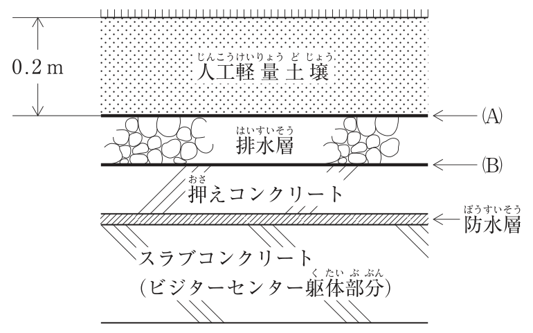ビジターセンター屋上部の植栽基盤の模式断面図。上から順に、人工軽量土壌(厚さ0.2m)、その下の境界の線(A)、排水層(礫状の材料)、その下の境界の線(B)、押えコンクリート、防水層、スラブコンクリート(ビジターセンター躯体部分)。(A)は人工軽量土壌と排水層の間、(B)は排水層と押えコンクリートの間にある層を指している。