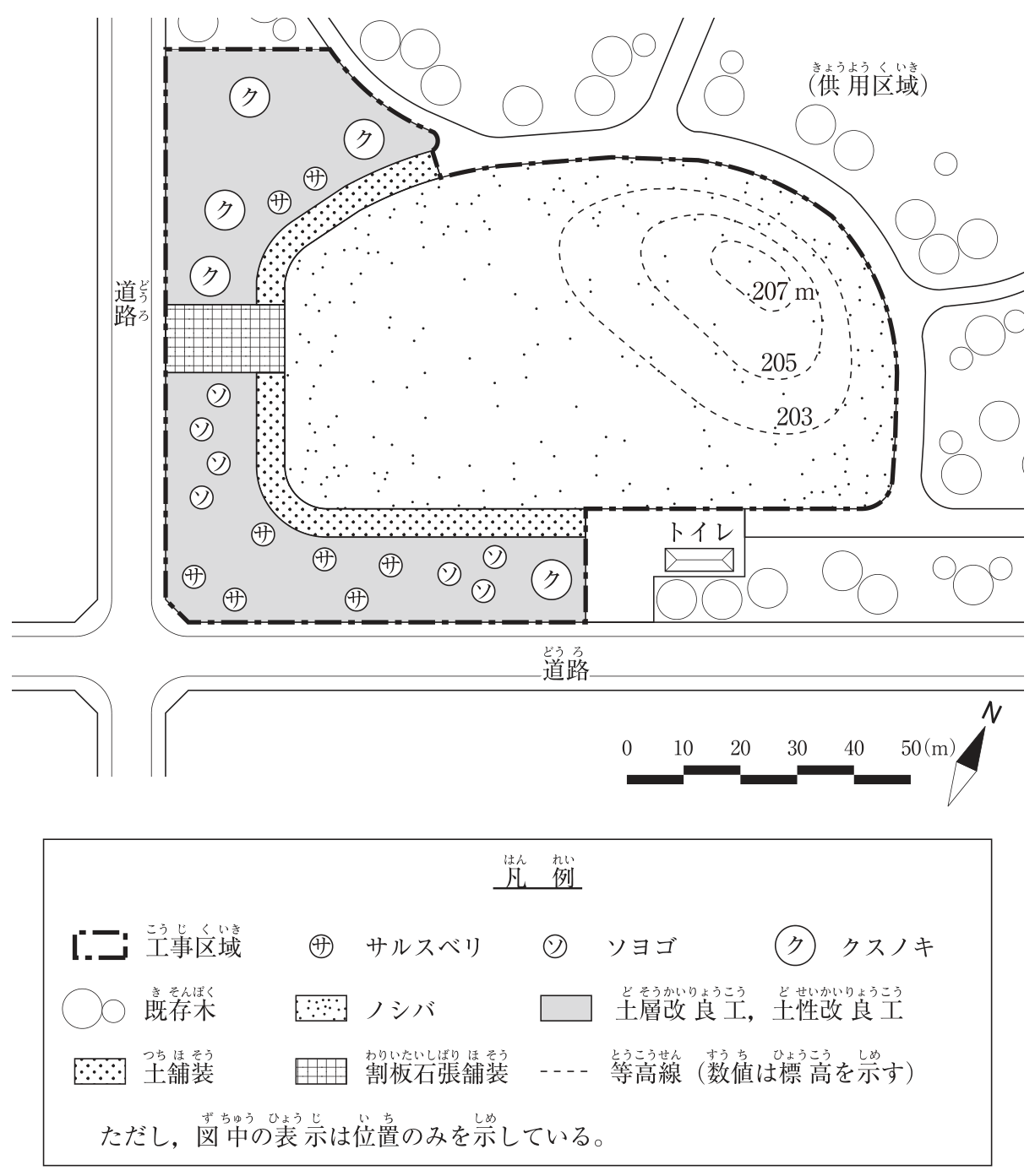 〔図面〕造園工事の平面図（縮尺バー0〜50m、方位記号のNは右上を向く）。図の左に縦方向の道路、下に横方向の道路があり、敷地はその角に面する。一点鎖線の工事区域は、道路沿いのL字形の植栽地（左側と下側。灰色＝土層改良工・土性改良工の区域）、その内側に沿う帯状の土舗装（点々）、中央の広いノシバ（細かい点）の区域、左の道路から入る割板石張舗装（格子）の通路を含む。ノシバの区域には等高線（破線）があり、右上に向かって203、205、207mと高くなる小山がある。L字形の植栽地に、クスノキ（ク）5本（左上に4本、右下の角に1本）、サルスベリ（サ）8本、ソヨゴ（ソ）7本がある。工事区域の右下にトイレ（工事区域外）がある。工事区域の外（上側・右側＝供用区域）に既存木（白丸）がある。凡例：一点鎖線＝工事区域、サ＝サルスベリ、ソ＝ソヨゴ、ク＝クスノキ、白丸＝既存木、細かい点＝ノシバ、灰色＝土層改良工・土性改良工、点々＝土舗装、格子＝割板石張舗装、破線＝等高線（数値は標高を示す）。ただし、図中の表示は位置のみを示している。