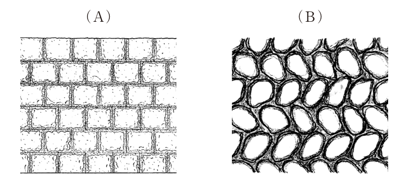 石積みの正面図2つ。(A)は雑割石積みで、ほぼ同じ大きさの四角い石を横一列に並べ、横目地が水平に一直線に通り、上下の段で縦目地をずらして積んでいる。(B)は玉石積みで、細長い玉石の長手を斜めに傾けて全面に並べて積んでおり、傾きの向きが段ごとに反対(1段目・3段目は右下がり、2段目・4段目は右上がり)になって、矢羽根のような模様になっている。