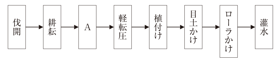 張芝工事の作業手順を示す流れ図。左から順に、伐開 → 耕耘 → A → 軽転圧 → 植付け → 目土かけ → ローラかけ → 灌水 の8つの箱が矢印でつながっている。Aの箱は空欄。